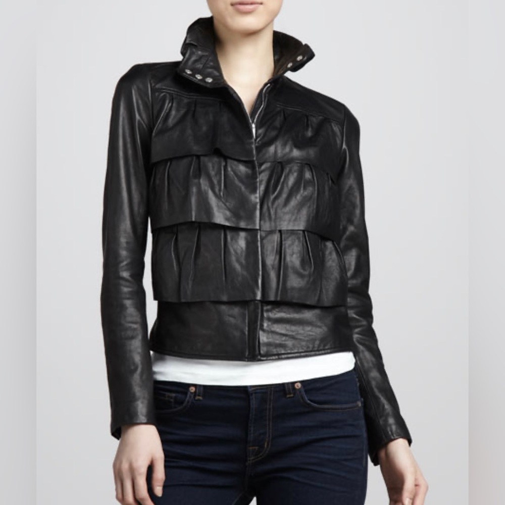 Diane von Furstenberg Cupcake Tiered Leather Bomber Jacket